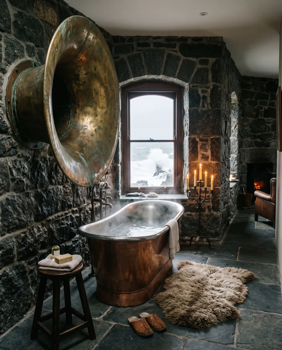 The fog signal room: a brass horn through the wall above a copper bath
