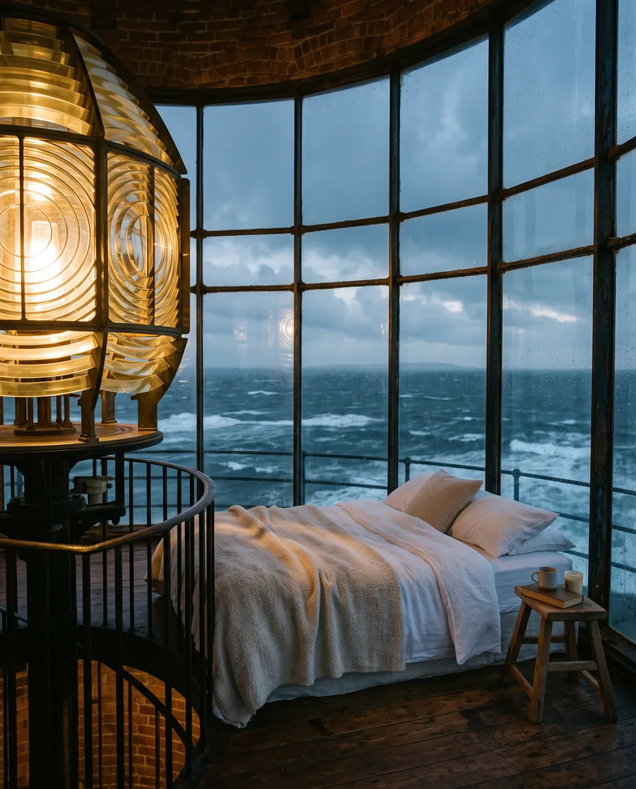 The lamp room: a bed beside the great glass lens, with the sea on every side