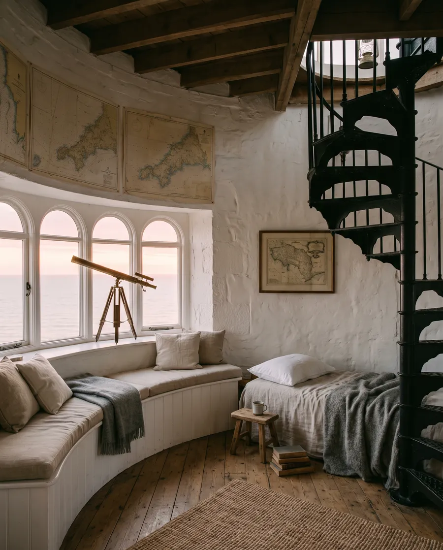 The watch room: a curved window seat, a brass telescope and old sea charts